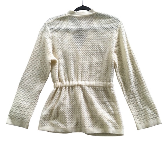 Vintage Belted Cardigan Womens 70s Cream Knit Sweater Tie Button Up Pockets M - Picture 2 of 9